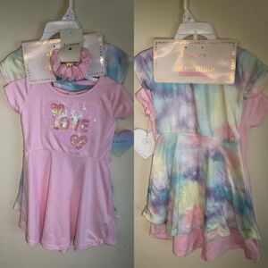 2 Pk Dresses Btween, W/2 Matching Scrunchies; Size 2T, Love Hearts Pink Tie Dye